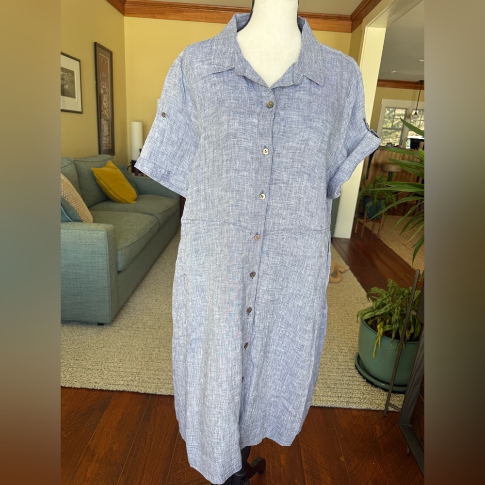 Nic + Zoe blue flecked linen button up short sleeved dress size XL